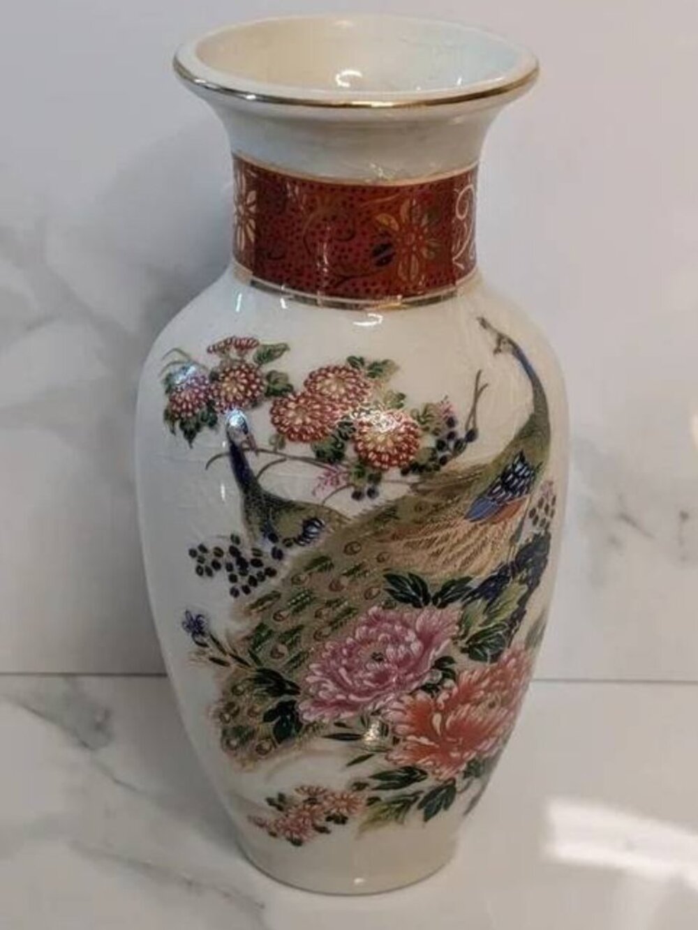 Vintage Satsuma Porcelain Vase Peacock & Floral Gilt Trim - Picture 1 of 1